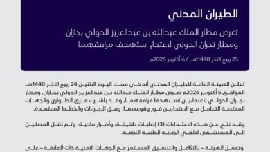 بيان الهيئة العامة للطيران المدني بشأن تعرض مطاري جازان ونجران لاعتداءين